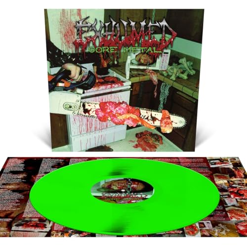 Gory album cover with a green vinyl record, depicting a disturbing kitchen scene.