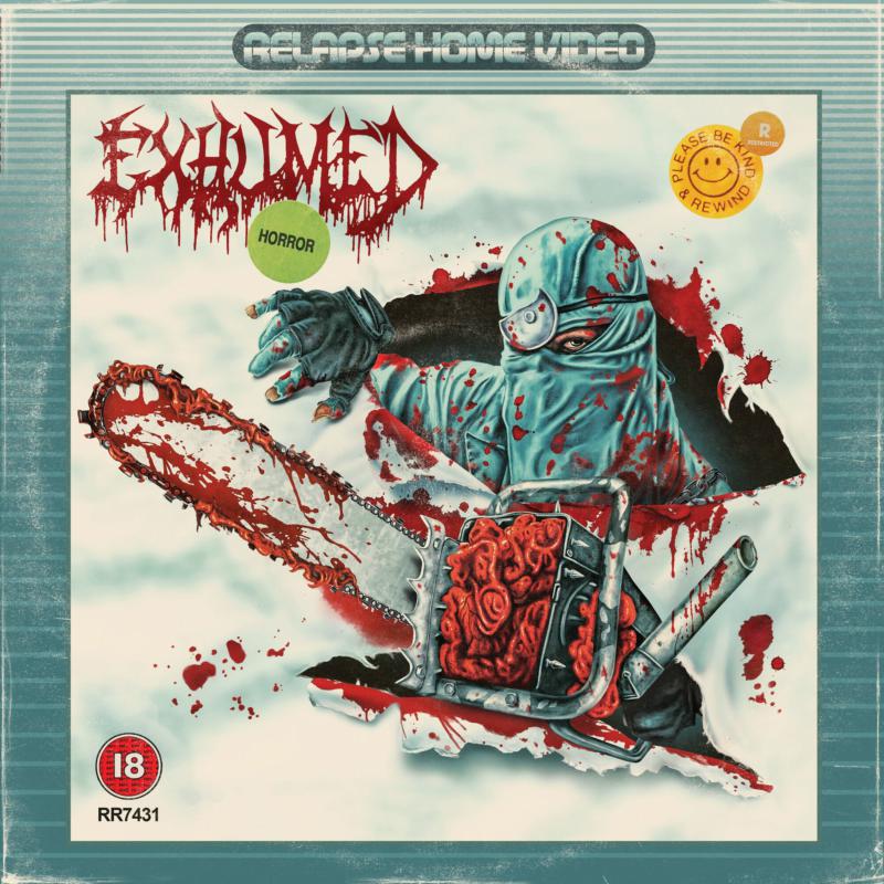 Horror album cover featuring a masked figure with a chainsaw, blood splatters.