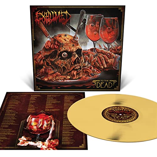 Exhumed" vinyl record with grotesque skull and food imagery, gold disc included.