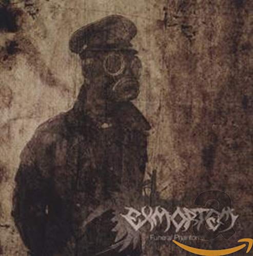 Figure in gas mask and military cap against a textured, sepia background.