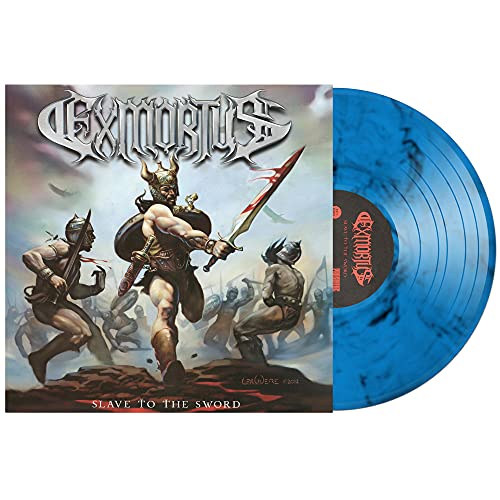 Exmortus Slave to the Sword album cover art next to a blue marbled vinyl record.