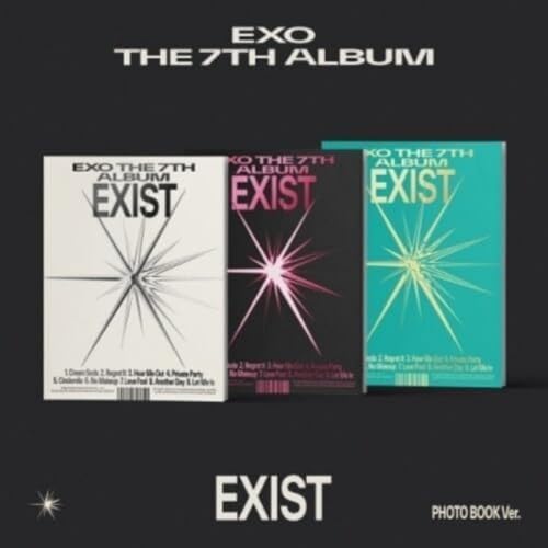 EXO "Exist" album covers: white, pink, and teal with starburst designs.