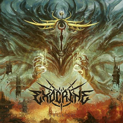 Dark fantasy album cover for Exocrine’s “Legend” with a monstrous face.