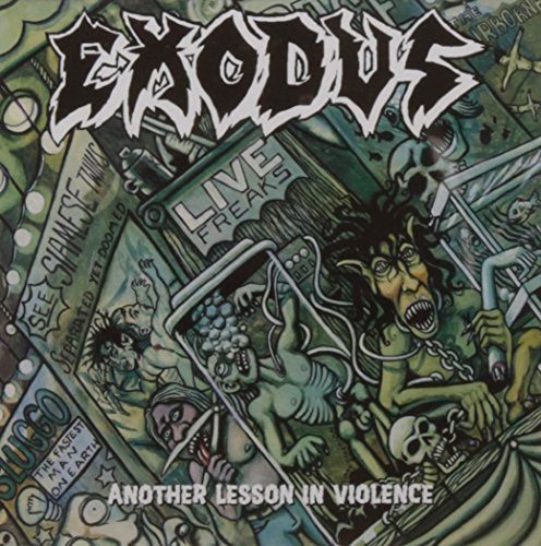 Exodus album cover: chaotic green illustration with band logo and skulls.