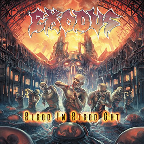 Exodus "Blood In Blood Out" CD cover: fiery prison scene with skulls.