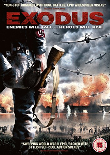 Exodus" DVD cover featuring soldiers, planes, and explosions during wartime.