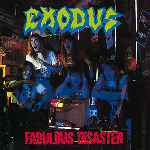 Exodus “Fabulous Disaster” CD cover: band photo in a chaotic, dimly lit room.