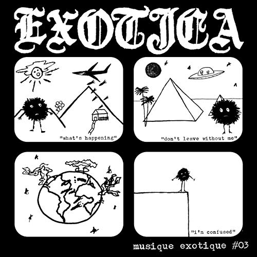 "Black album cover with white title 'Exotica' and four cartoon illustrations."