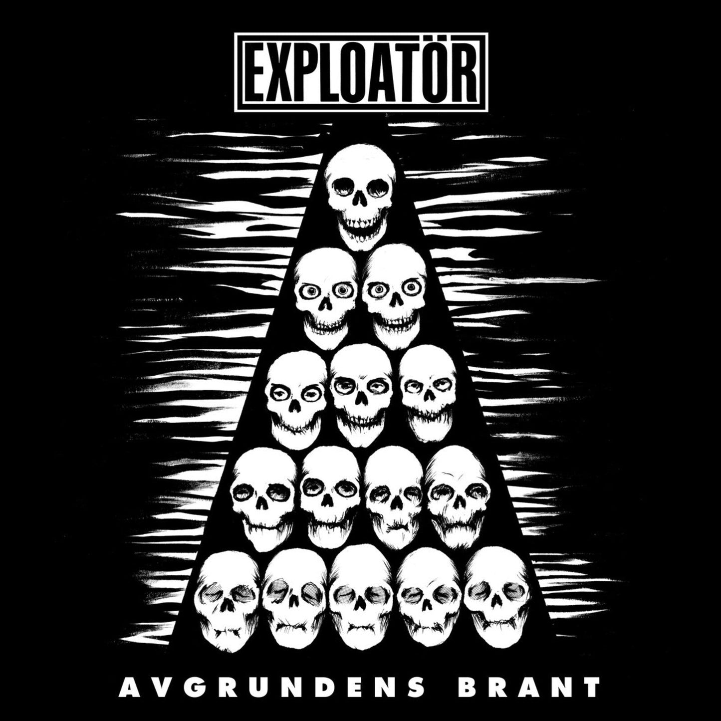 Black and white album cover with a pyramid of skulls and band name.
