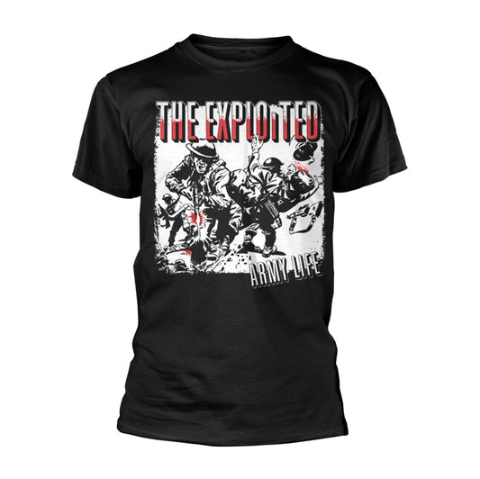 Black t-shirt with graphic of soldiers and band name "The Exploited".
