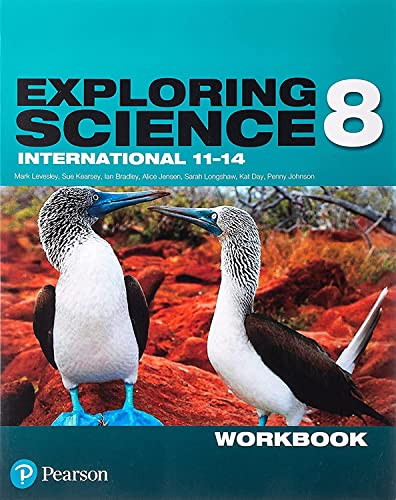 Exploring Science International Year 8 workbook cover featuring two blue-footed boobies on red rocks.