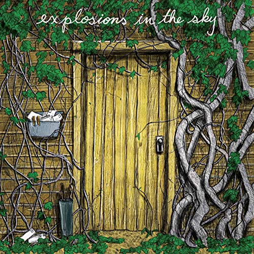 An illustration of a yellow wooden door covered in vines with a mailbox nearby.