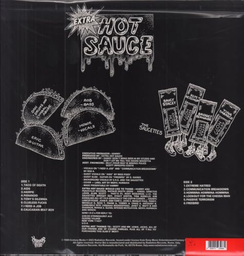 Black vinyl record with dripping text and taco illustrations, listing band members.