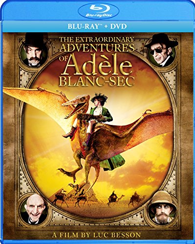 Blu-ray cover for "The Extraordinary Adventures of Adèle" featuring a woman riding a pterosaur.
