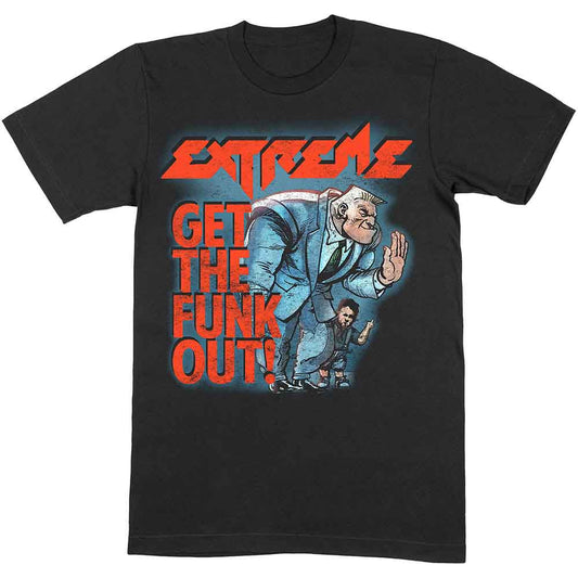 Black t-shirt with "Extreme" band logo and cartoon bouncer illustration.