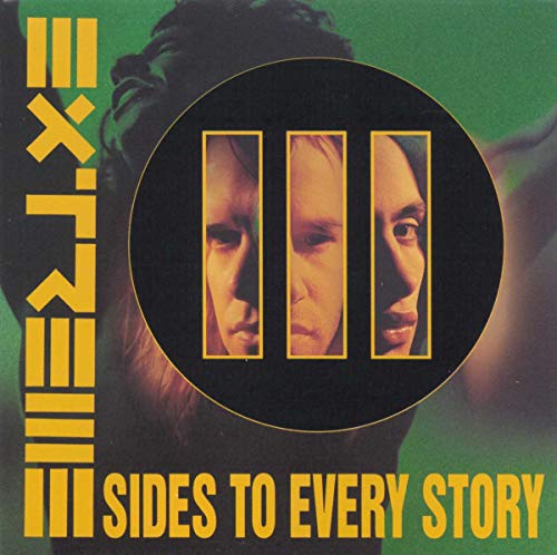 Extreme album cover with a central circle containing three faces and yellow text.