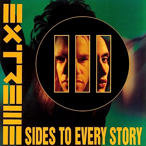 Vinyl album cover featuring three vertical portrait segments inside a circle on green background.