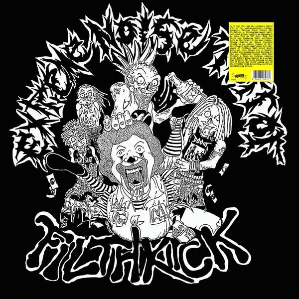 Black and white album cover with chaotic cartoon figures and band logos.