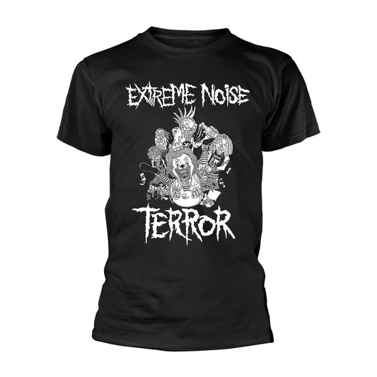 Black t-shirt with white "Extreme Noise Terror" band logo and illustration.