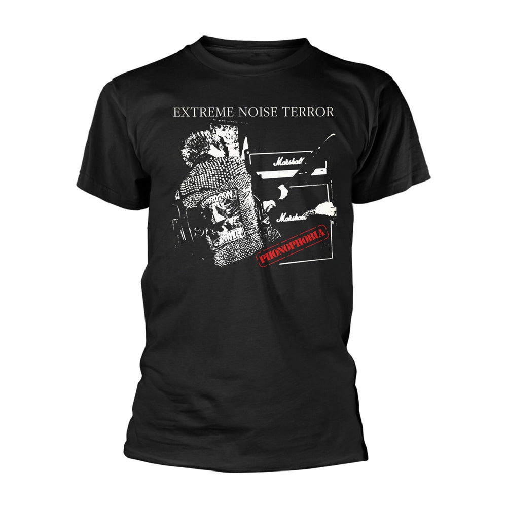 Black t-shirt with white "Extreme Noise Terror" band logo and graphic.