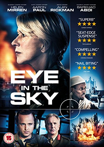 "Eye in the Sky" Blu-ray cover featuring a woman and men with a target overlay.