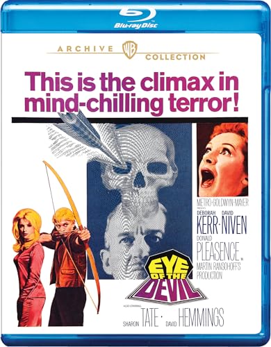 Blu-ray cover art for Eye of the Devil featuring a skull, actors, and bowman.