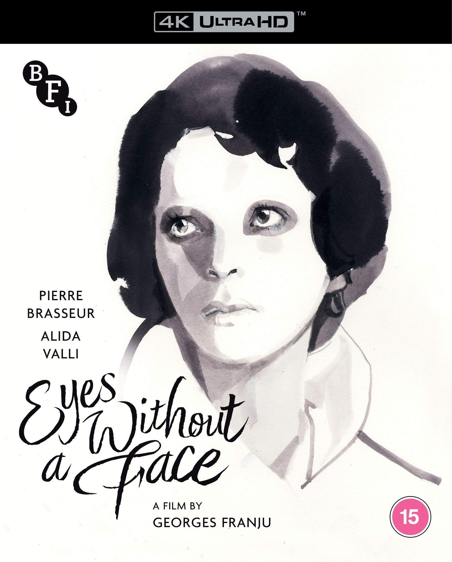 Black and white ink illustration of a woman's face on a film cover.