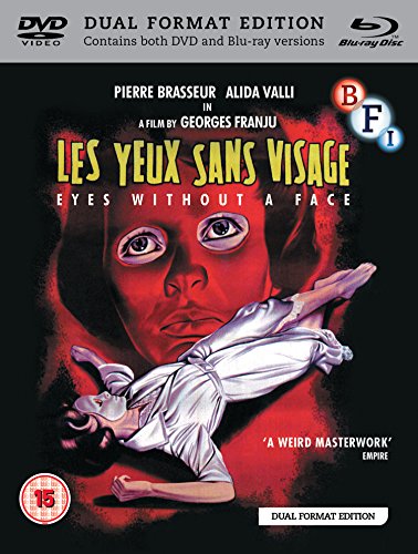 Movie poster for "Eyes Without a Face" featuring a large face and falling figure.