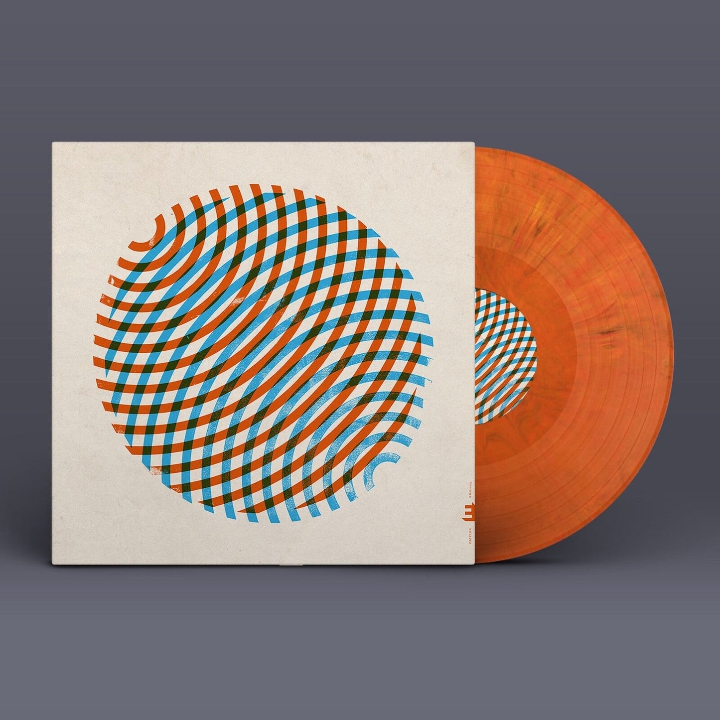 Vinyl record with abstract orange and blue striped cover art.