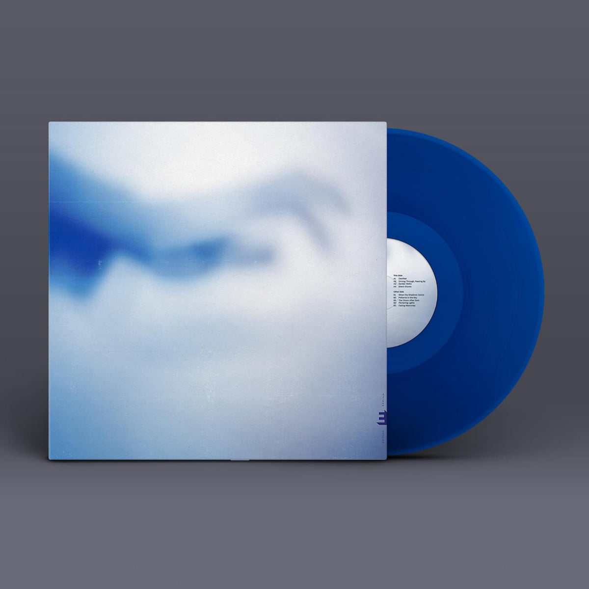 Vinyl record with blue cover featuring blurred, cloudy imagery.