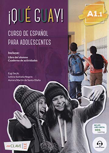 Spanish textbook cover with teenagers, backpacks, and a selfie image.