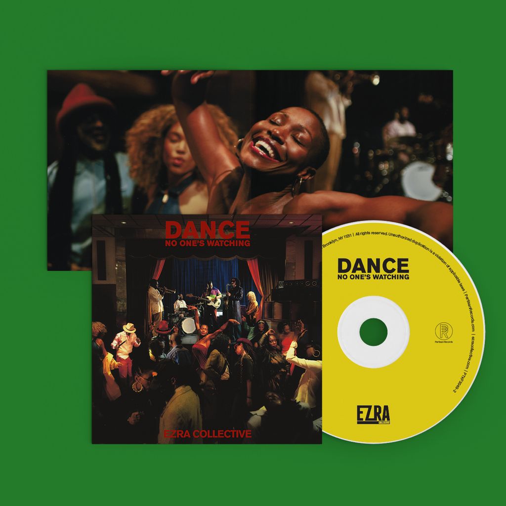 CD cover for Ezra Collective’s “Dance, No One’s Watching” featuring musicians.
