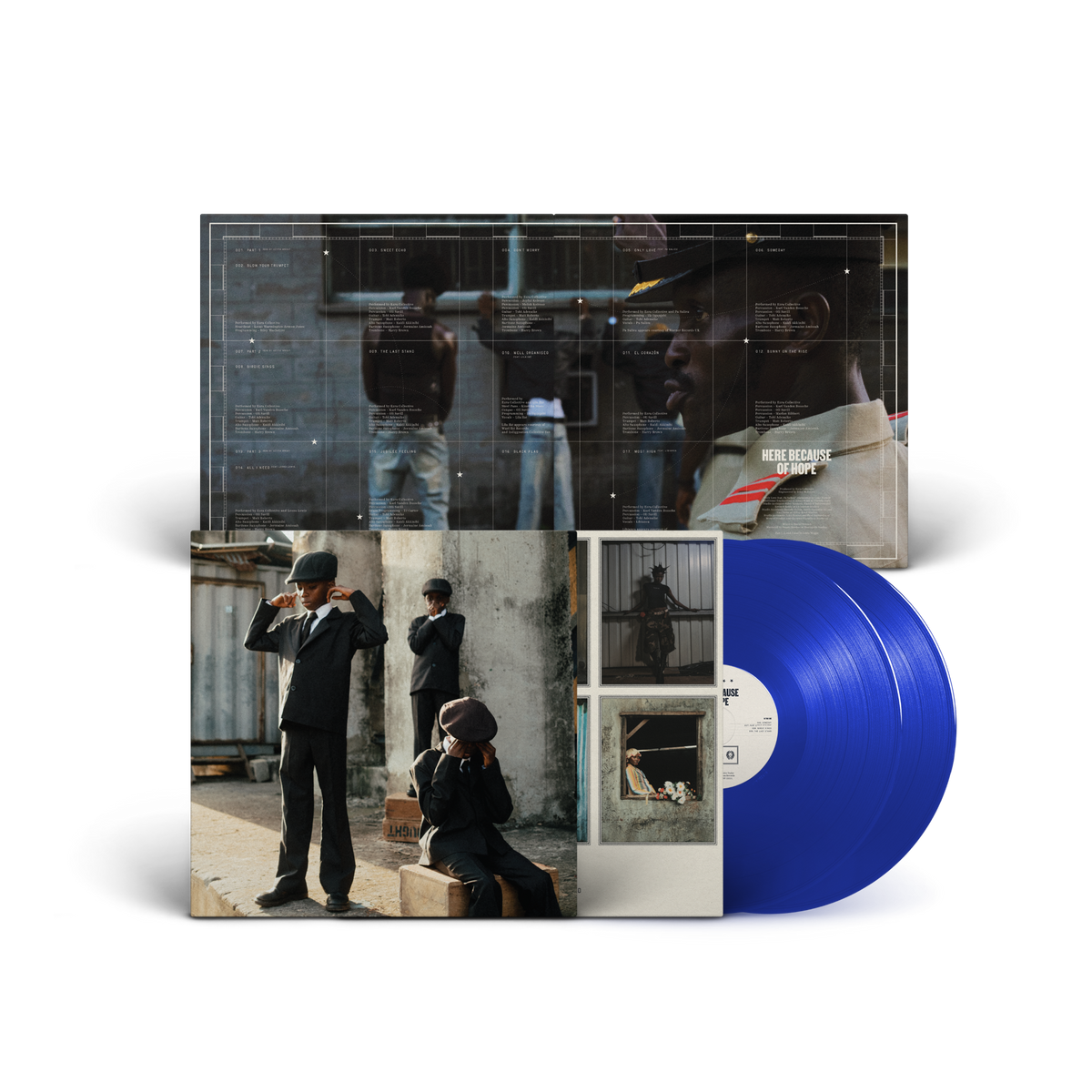 Blue vinyl LP with album cover featuring musicians in suits.