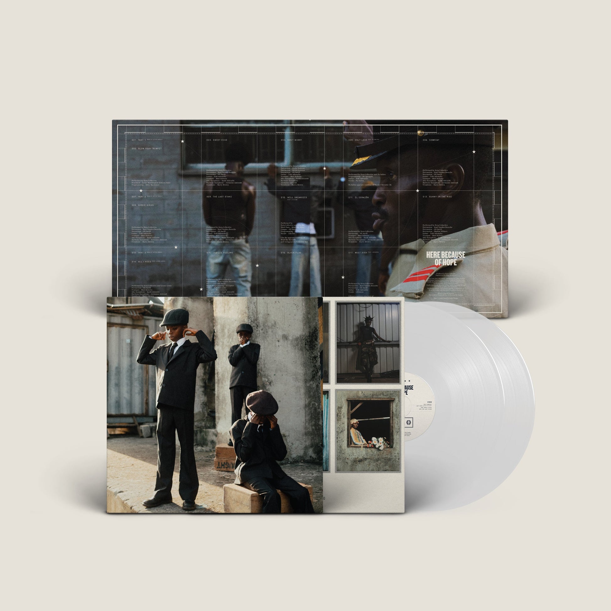 White vinyl LP of Ezra Collective’s “Here Because of Hope” with cover art.