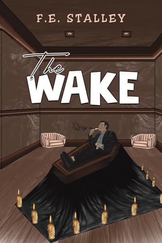 Book cover: Man in open casket at a wake, with candles.