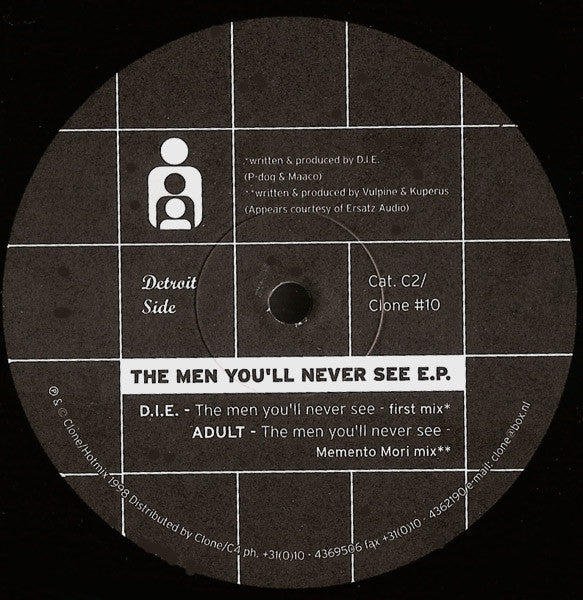 Black vinyl record label with white text and a stylized figure.