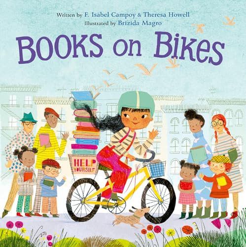 Illustration of a girl on a bicycle carrying a stack of books.