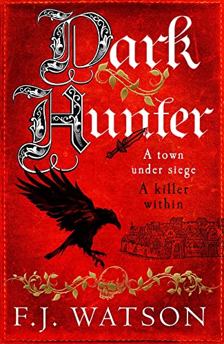 Book cover: red background, raven, town illustration, skull, ornate title.