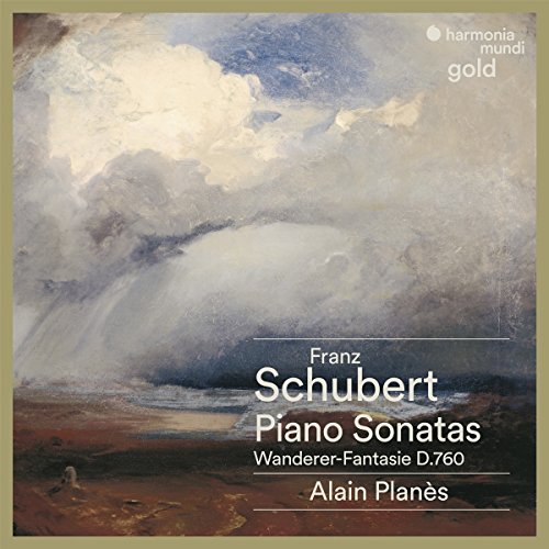 CD cover for Franz Schubert piano sonatas with a cloudy landscape.