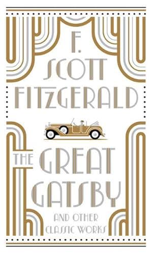 Book cover of "The Great Gatsby" with art deco design and a car.