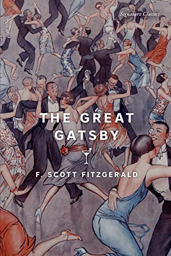 Book cover of “The Great Gatsby” with a 1920s party illustration.