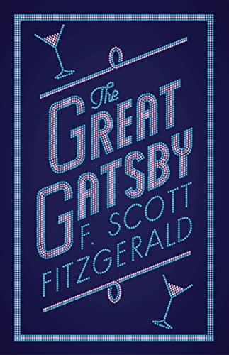Book cover for “The Great Gatsby” with art deco lettering and martini glasses.