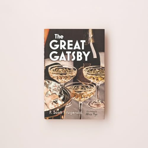 Book cover of The Great Gatsby featuring illustrations of champagne glasses and a bottle.