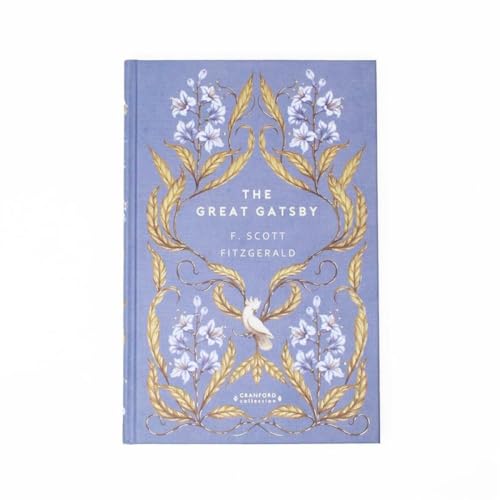 Book cover of The Great Gatsby with blue background, gold foliage, and white flowers.