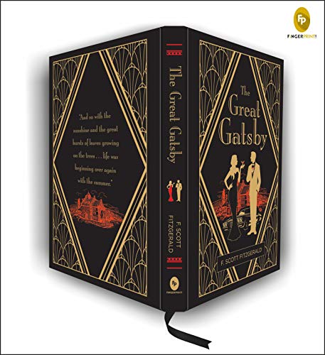 Dark navy book cover for "The Great Gatsby" with gold art deco design.