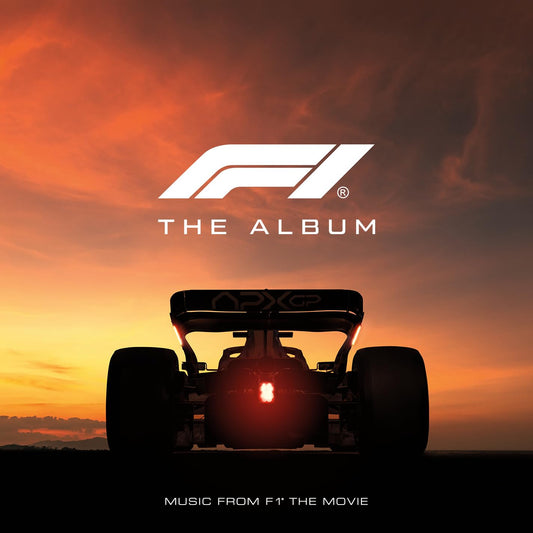 “F1 The Album” CD cover with a Formula 1 car silhouetted against a sunset.