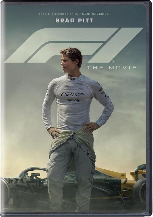 DVD cover for “F1 The Movie” featuring Brad Pitt in racing gear.
