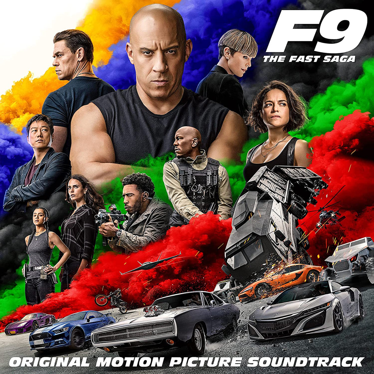 "Soundtrack cover for 'F9: The Fast Saga' featuring actors and cars amidst colored smoke."