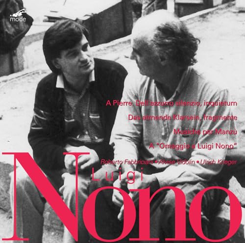 Black and white photo of two men, album cover for Luigi Nono works.