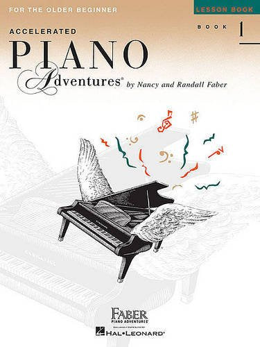 Cover of Accelerated Piano Adventures Lesson Book 1 featuring a grand piano with wings.